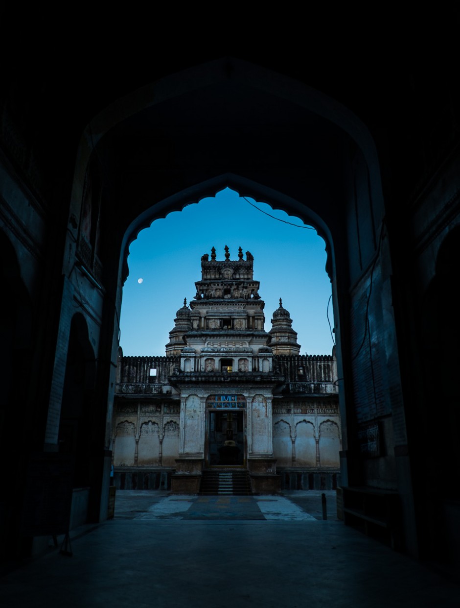 Moonset over a temple. Pushkar, Rajasthan.